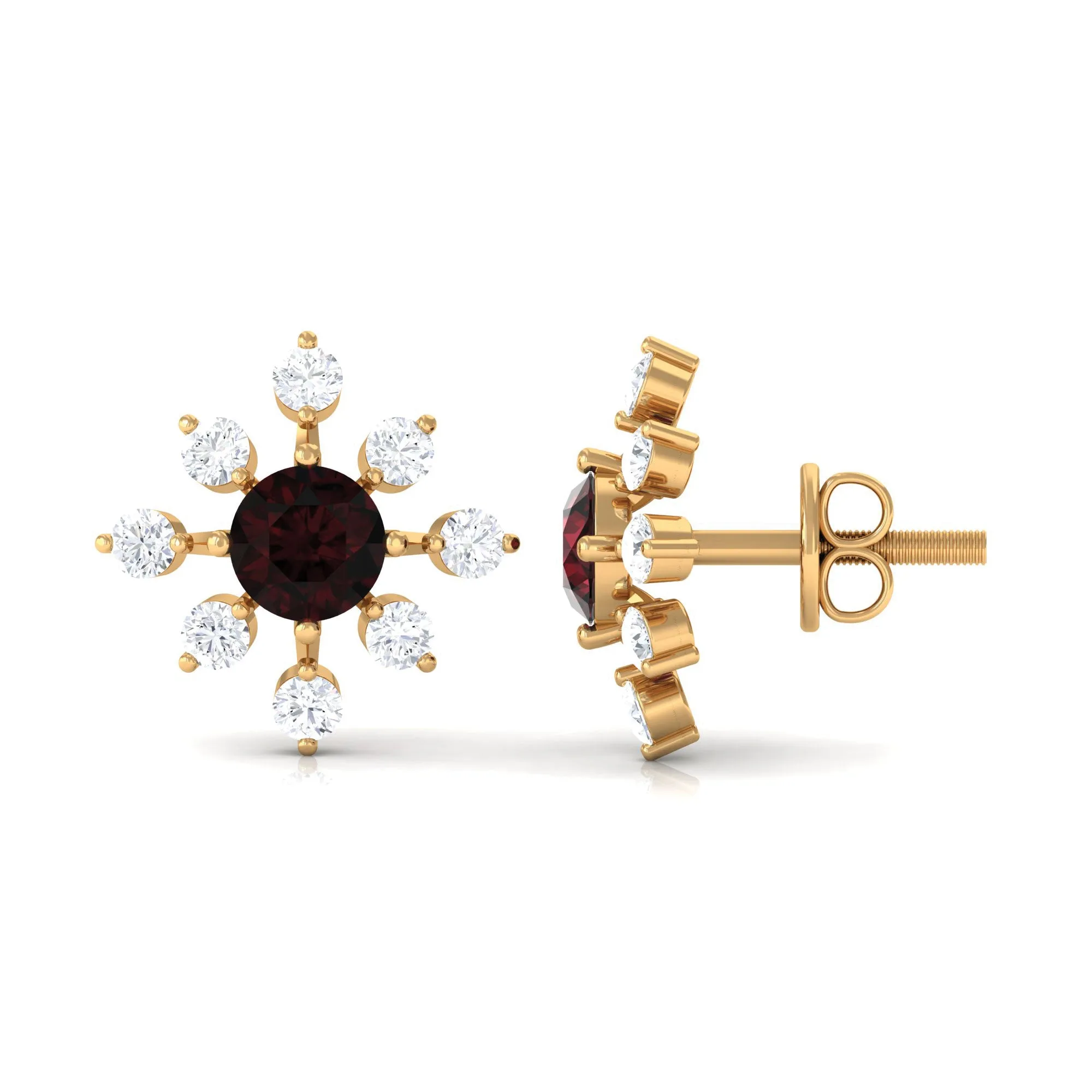 1 CT Garnet and Diamond Flower Stud Earrings