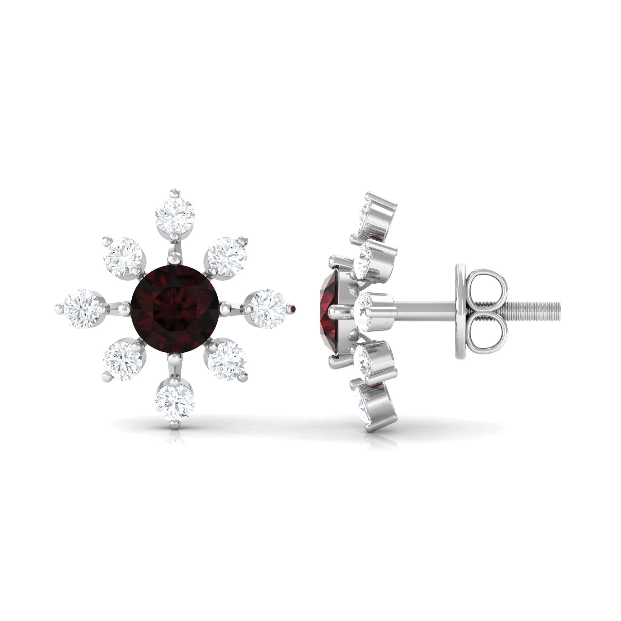 1 CT Garnet and Diamond Flower Stud Earrings