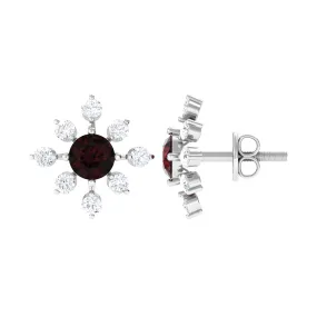 1 CT Garnet and Diamond Flower Stud Earrings
