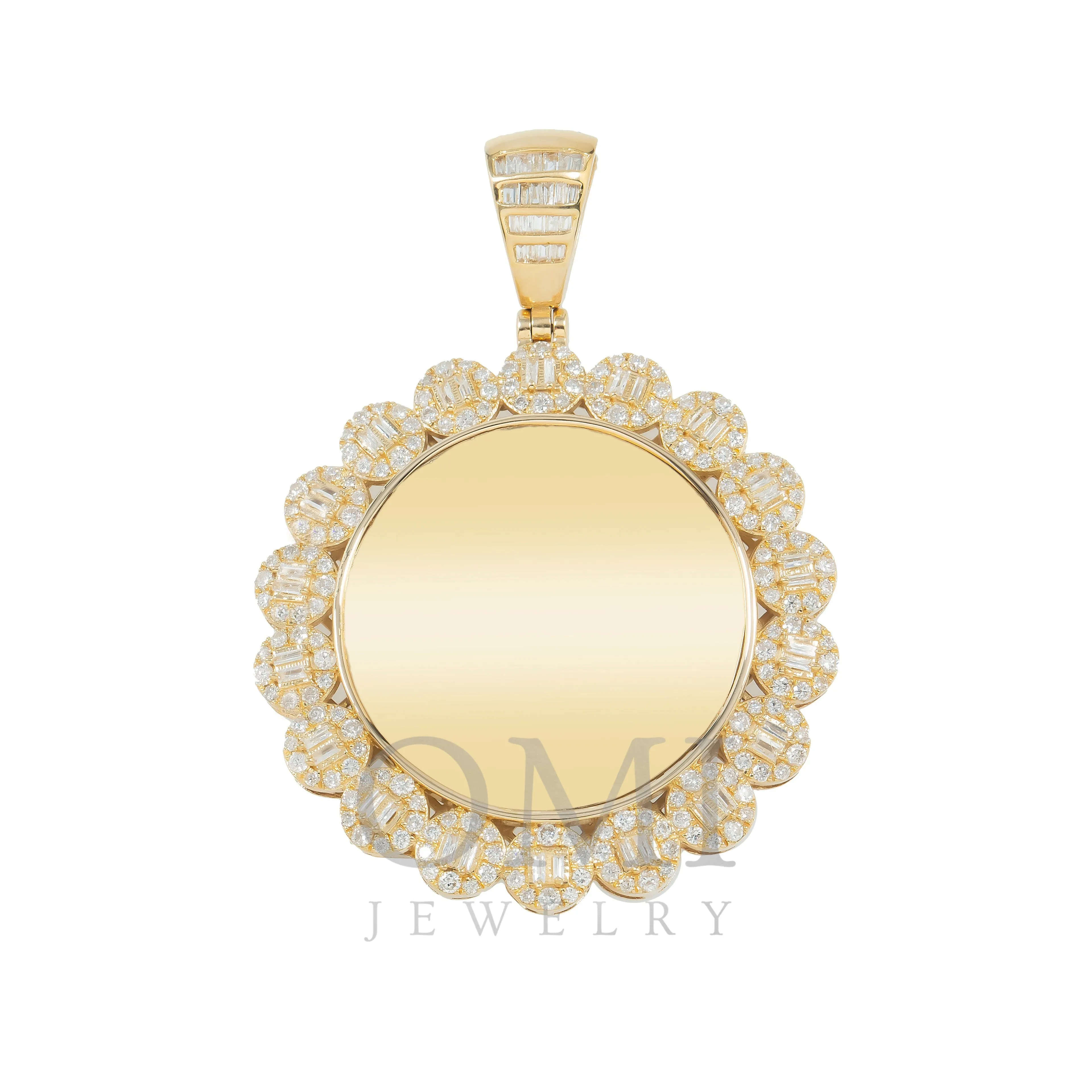 14K GOLD BAGUETTE AND ROUND DIAMOND CIRCLE PICTURE PENDANT 2.62 CT