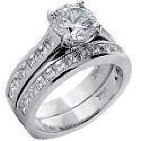 1.5 Round Center Engagement Cubic Zirconia Ring Matching Channel Set CZ Band 14K White Gold
