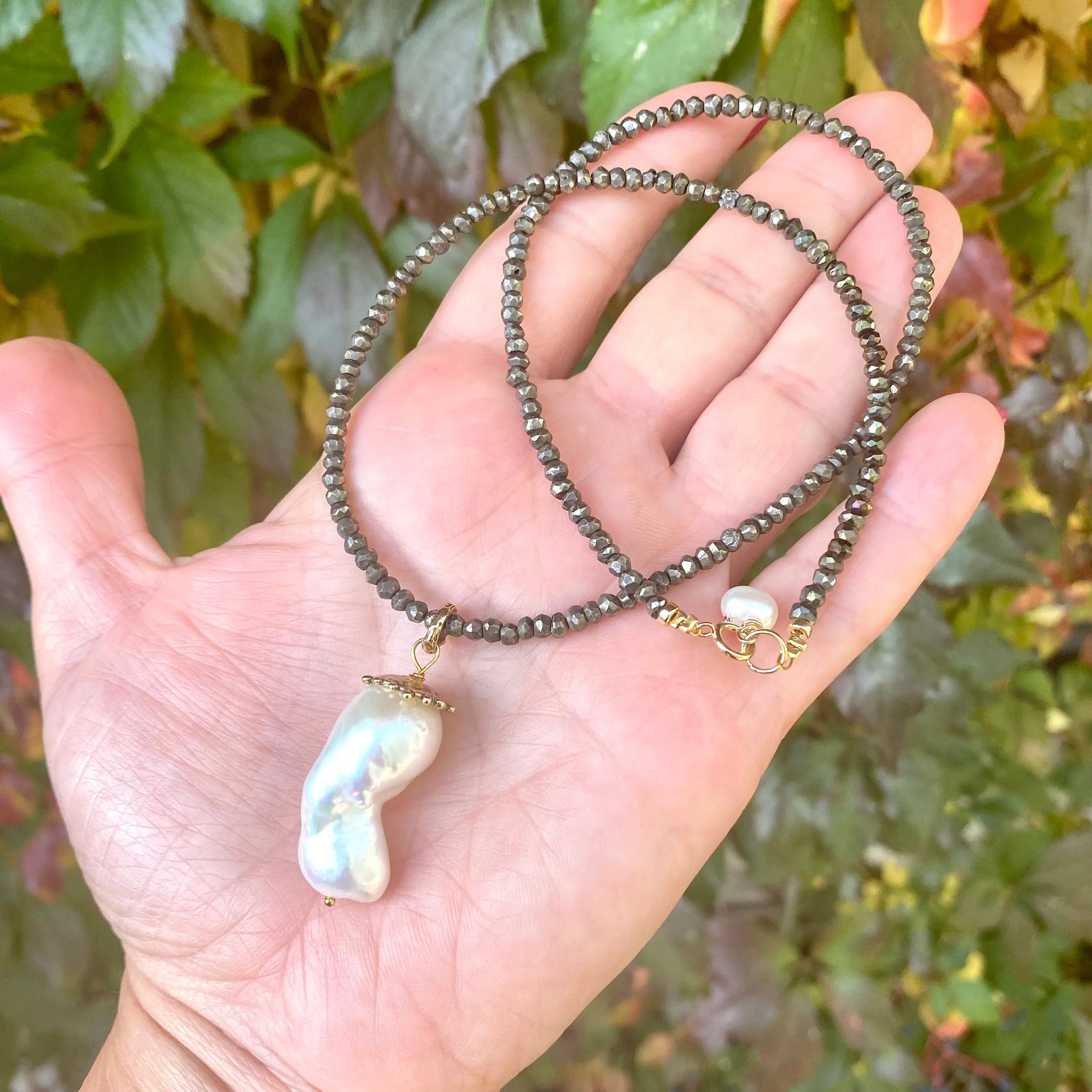 Baroque Pearl Pendant Necklace, Natural Pyrite Artisan Necklace,17inches