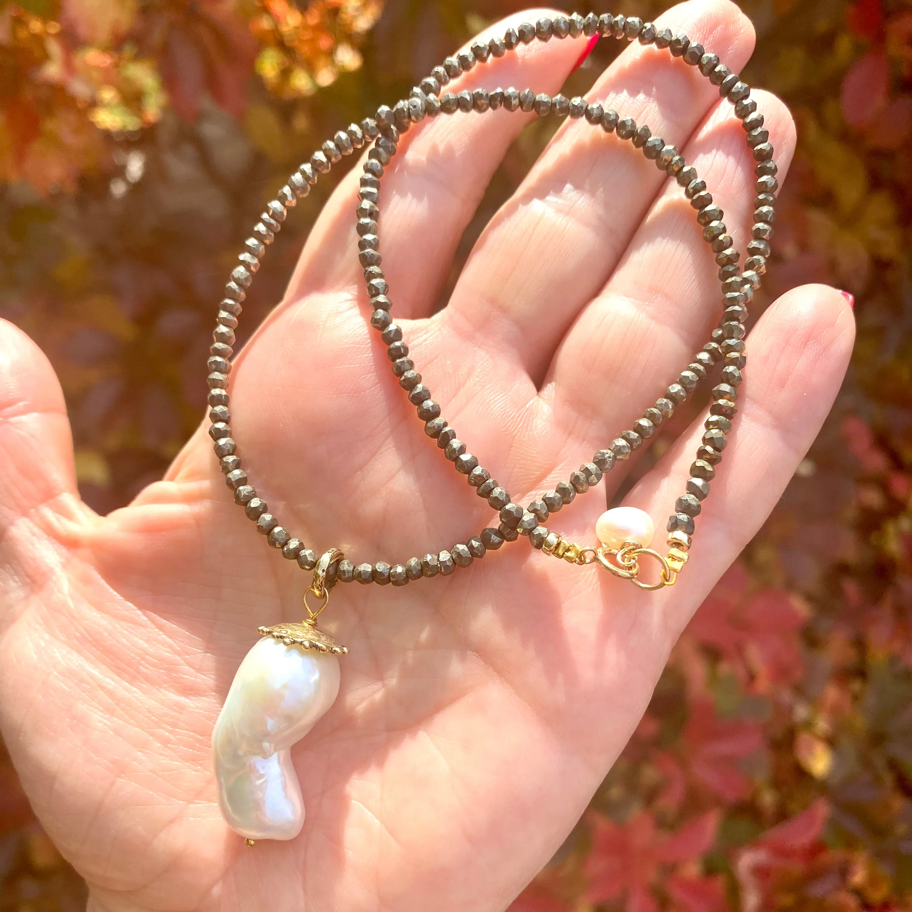 Baroque Pearl Pendant Necklace, Natural Pyrite Artisan Necklace,17inches