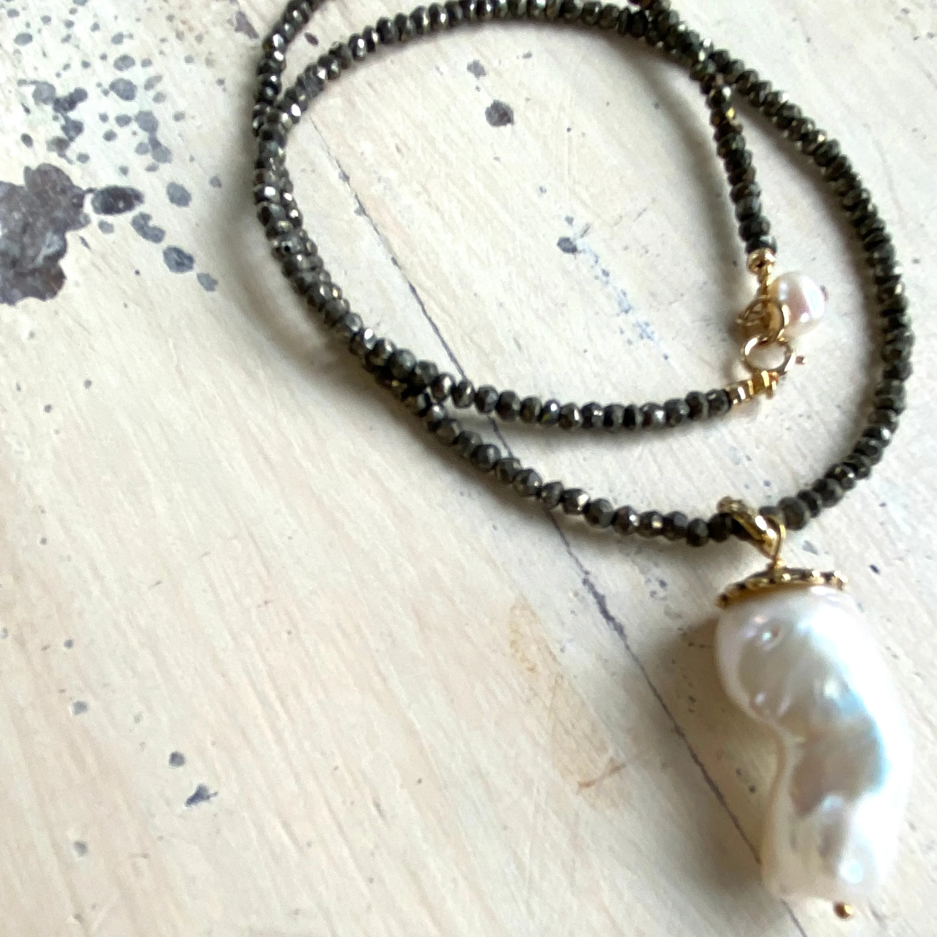 Baroque Pearl Pendant Necklace, Natural Pyrite Artisan Necklace,17inches