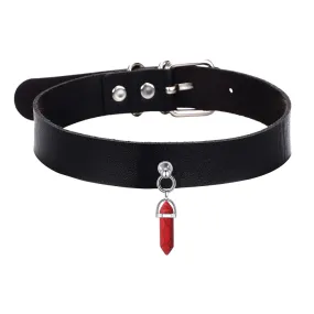 Black Vegan Leather Collar w/ Single Red Crystal
