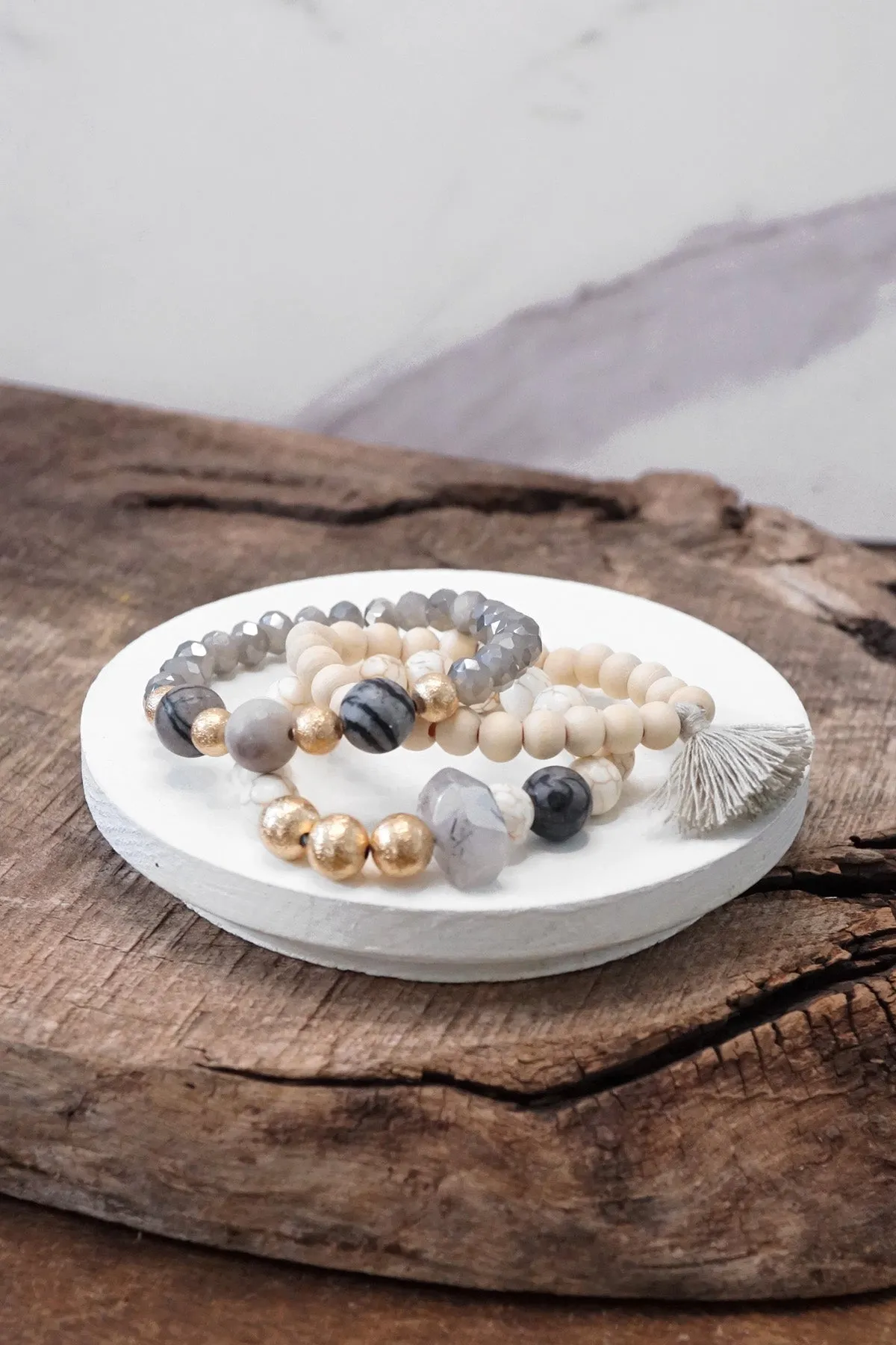 Boho Beads Tassel Bracelets set with Semi Precious stones beads Gray