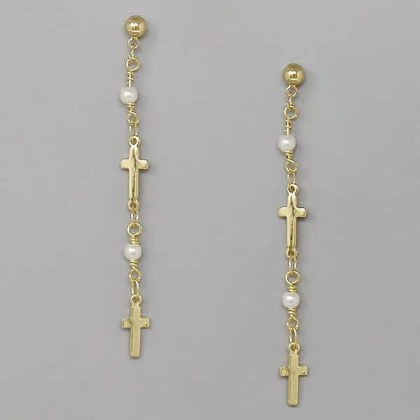 Cross & Pearl Station Dangle Earrings