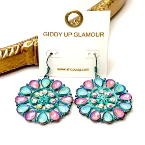 Desert Daisy Patina Tone Flower Concho Drop Earrings in Pink and Turquoise