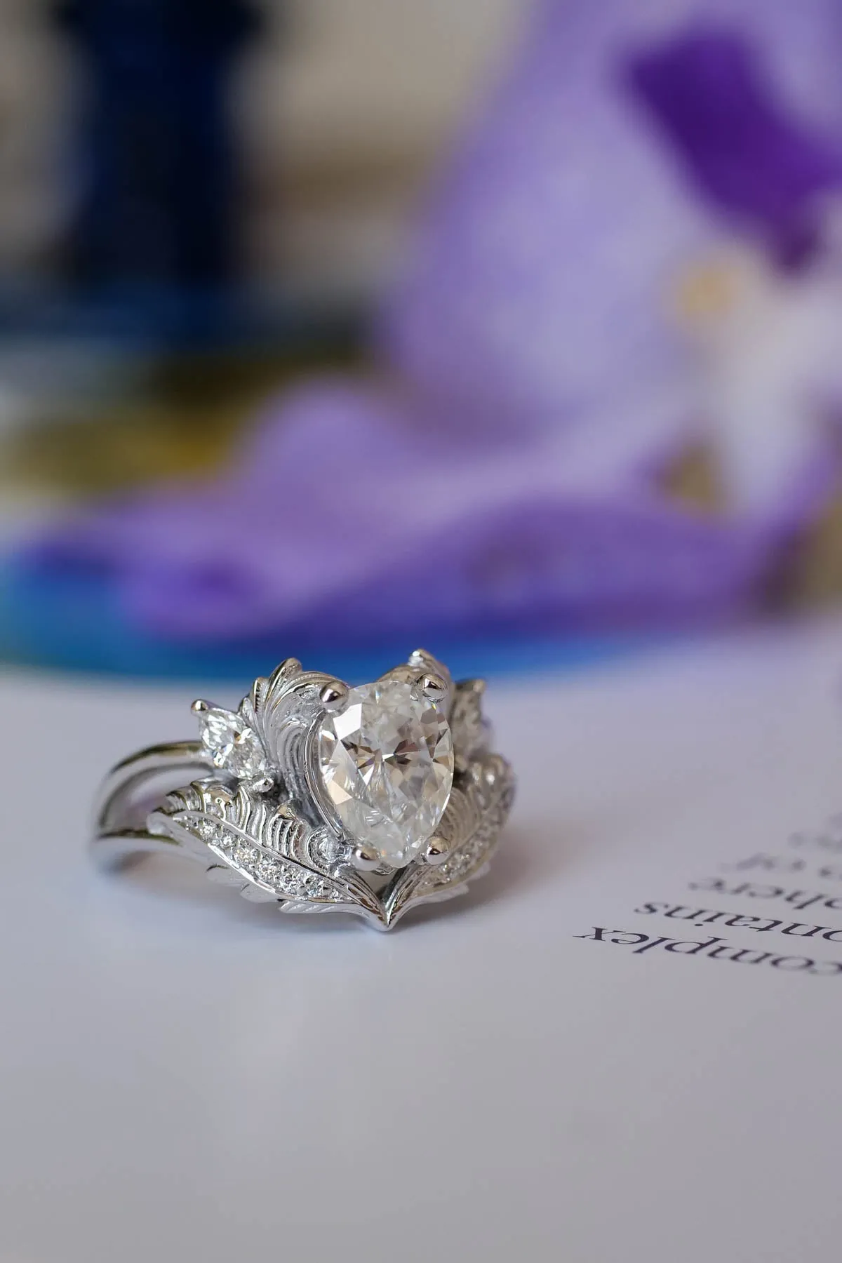 Elvish engagement ring, pear shaped moissanite ring  / Adonis
