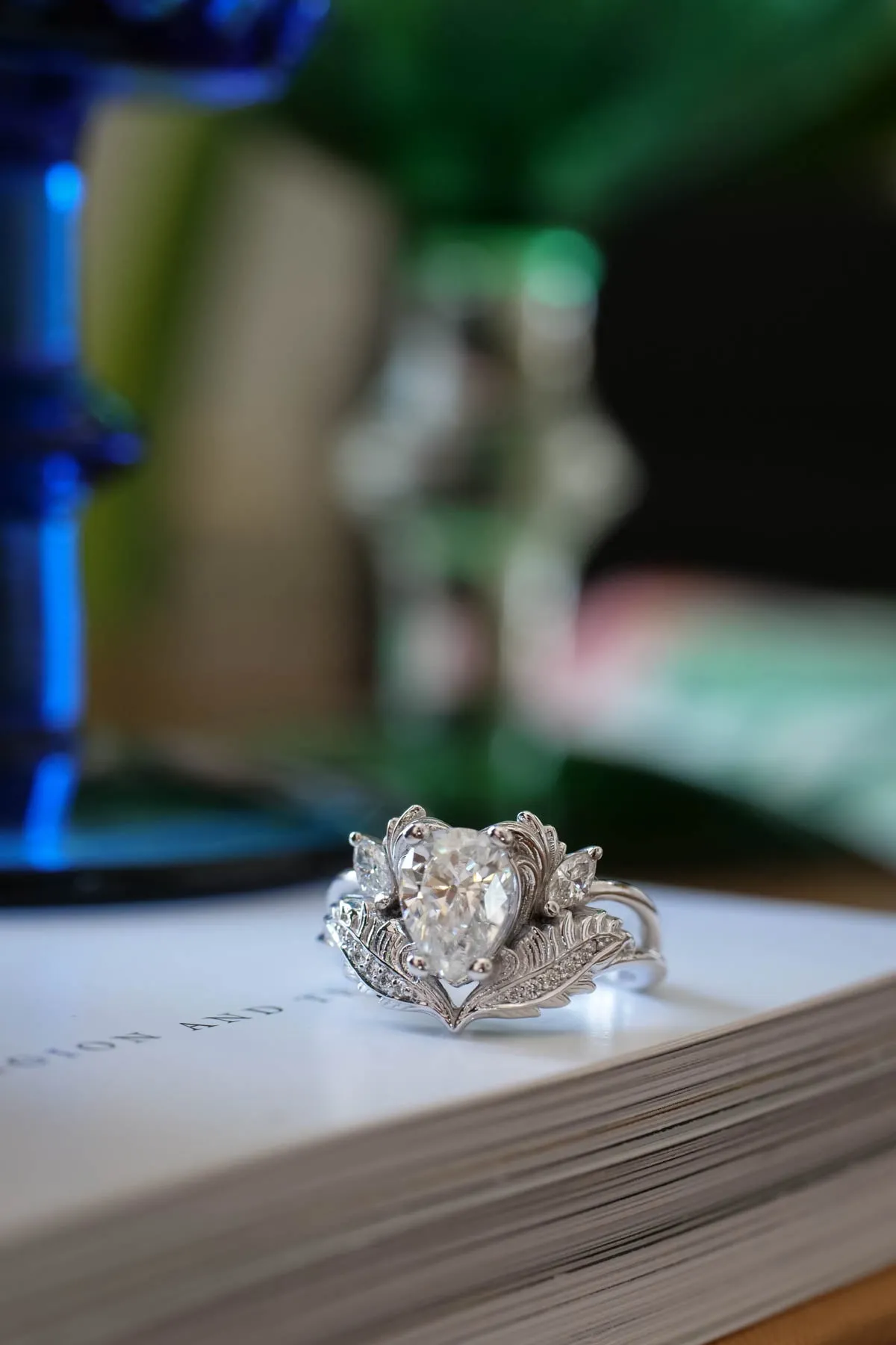 Elvish engagement ring, pear shaped moissanite ring  / Adonis