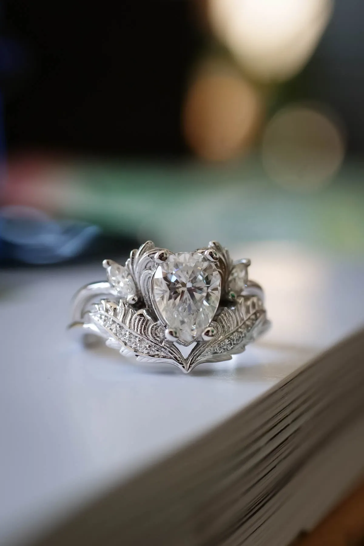 Elvish engagement ring, pear shaped moissanite ring  / Adonis