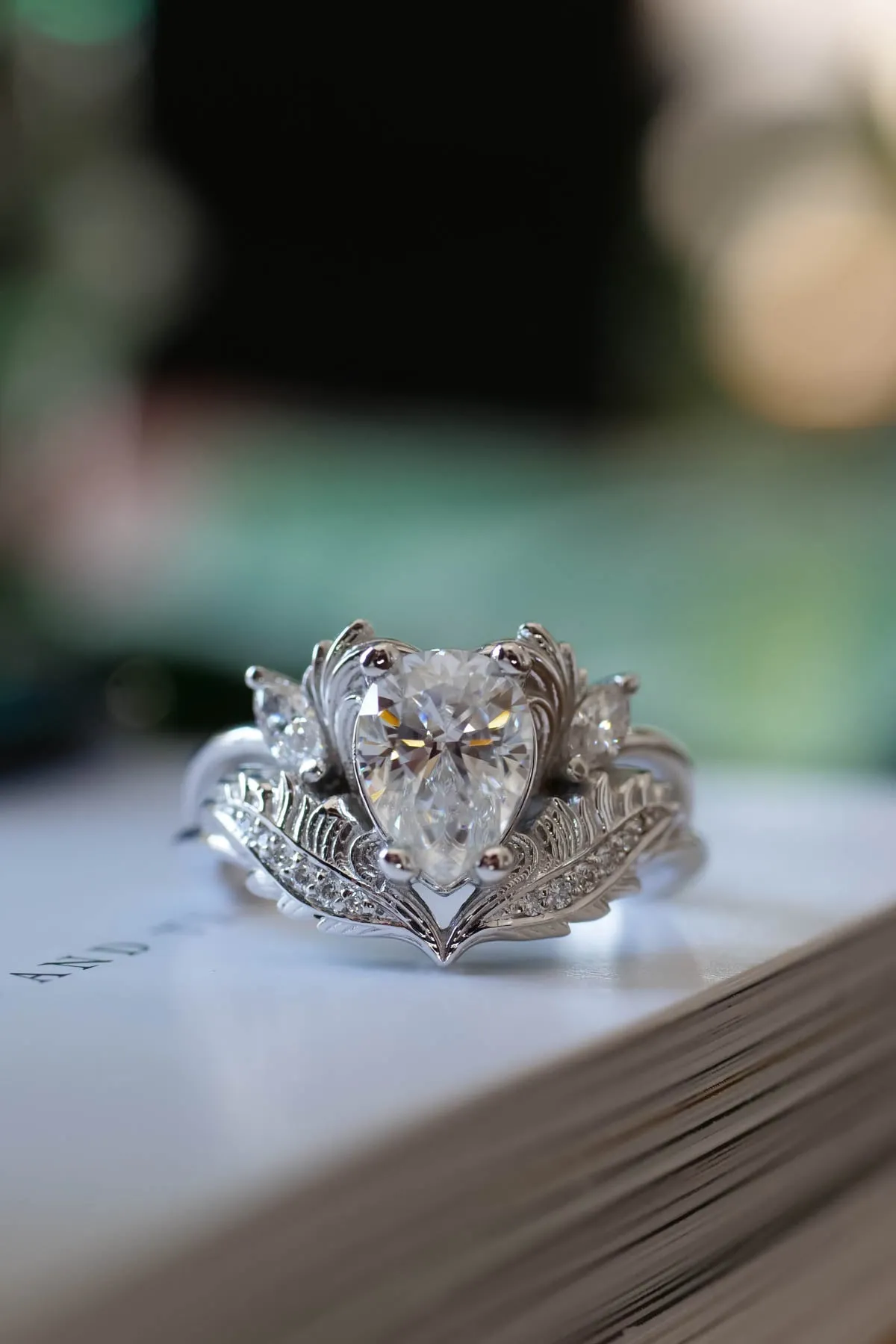 Elvish engagement ring, pear shaped moissanite ring  / Adonis