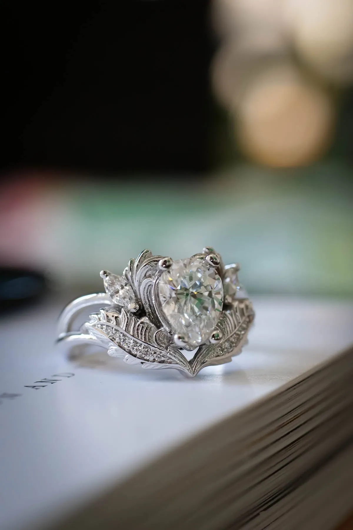 Elvish engagement ring, pear shaped moissanite ring  / Adonis