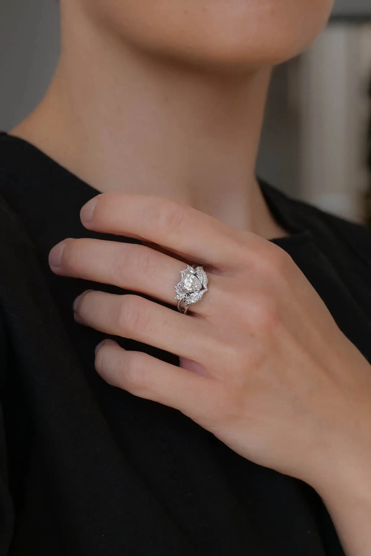 Elvish engagement ring, pear shaped moissanite ring  / Adonis