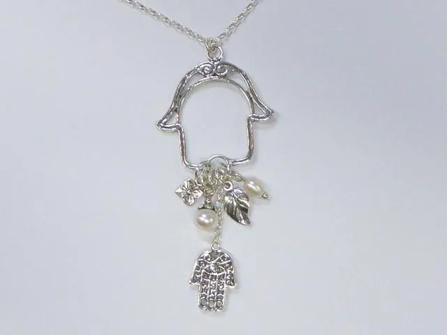 Hamsa Necklace Sterling Silver Pendant Charms Pearls Jewish Jewelry