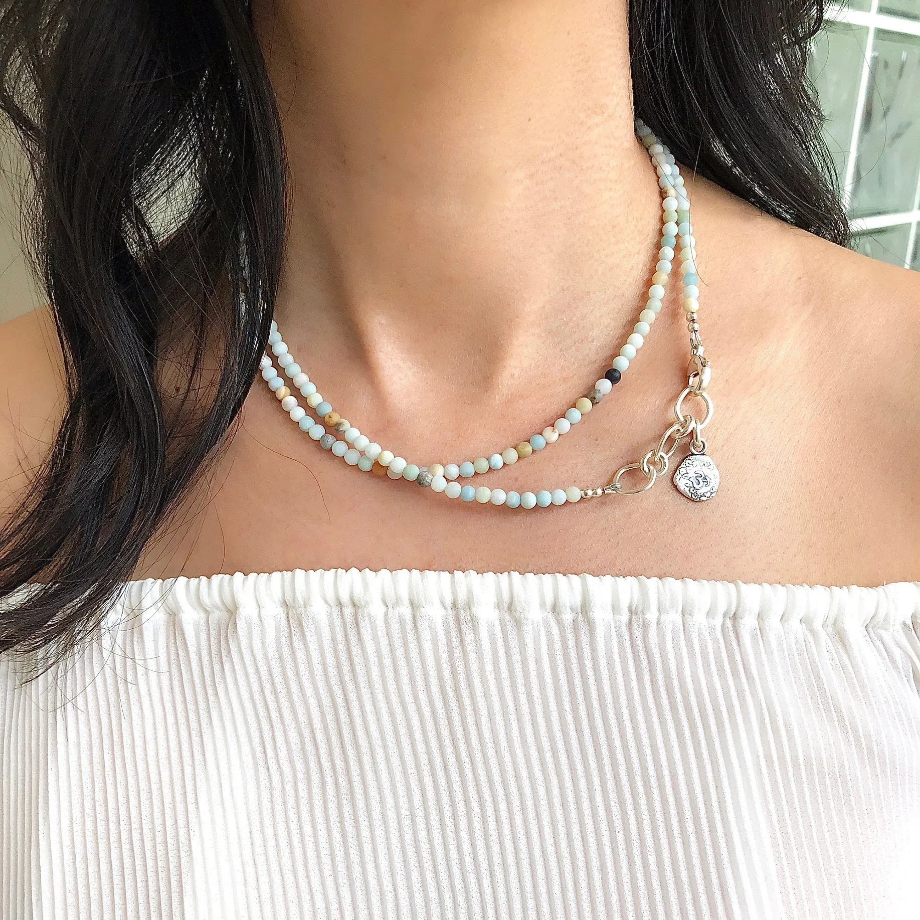 Inner Spirit:  Om Amazonite Beaded Necklace or Wrap Bracelet