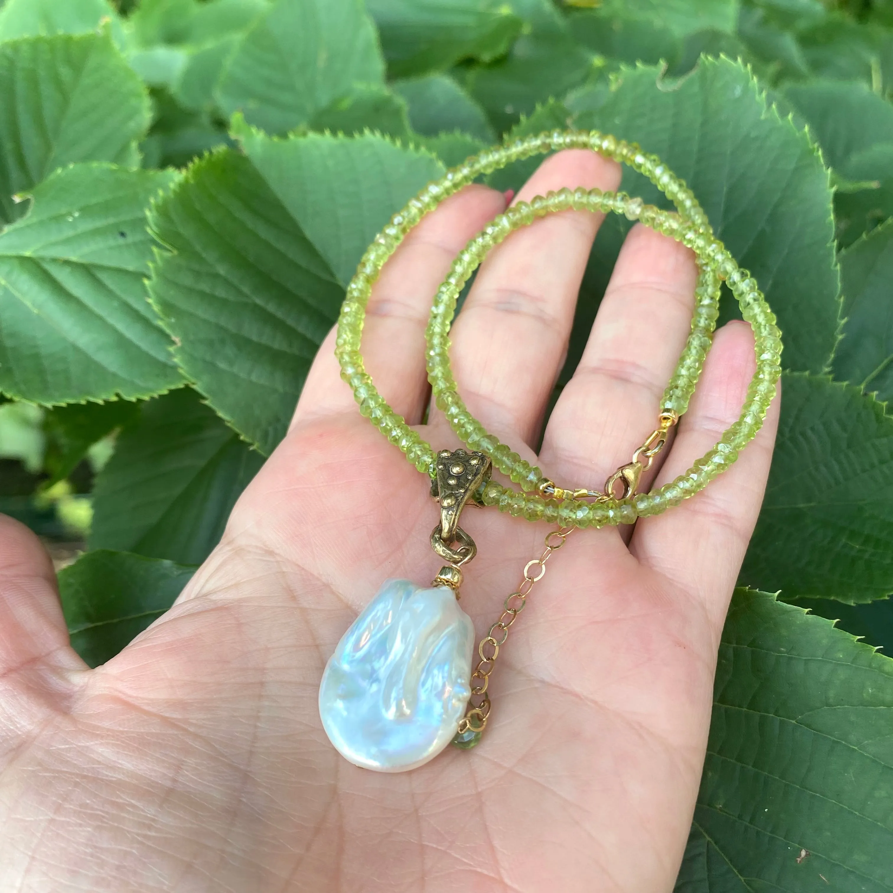 Peridot and Gold Filled Choker Necklace, Baroque Pearl Pendant, Gold Bronze, August Birthstone