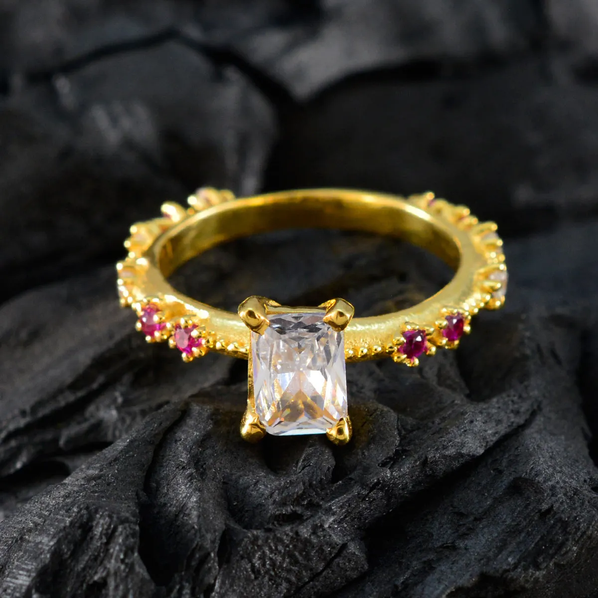Riyo Adorable Silver Ring With Yellow Gold Plating Ruby CZ Stone Octagon Shape Prong Setting Handamde Jewelry New Year Ring