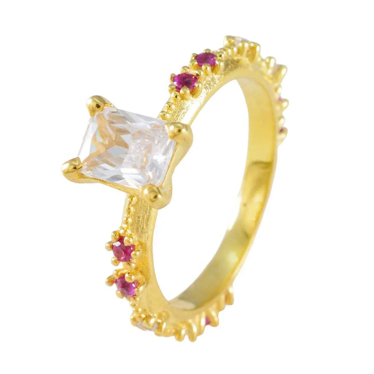 Riyo Adorable Silver Ring With Yellow Gold Plating Ruby CZ Stone Octagon Shape Prong Setting Handamde Jewelry New Year Ring