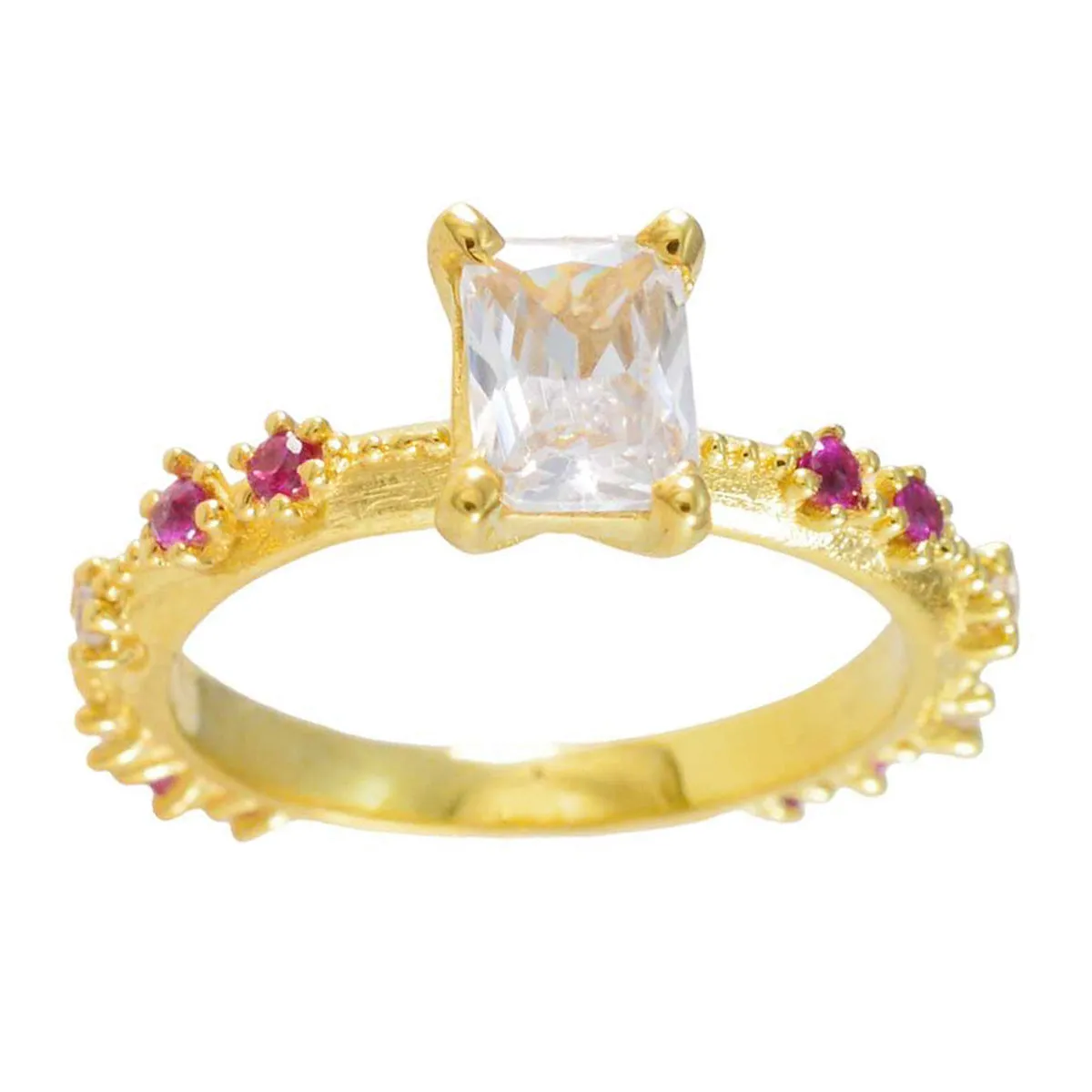 Riyo Adorable Silver Ring With Yellow Gold Plating Ruby CZ Stone Octagon Shape Prong Setting Handamde Jewelry New Year Ring