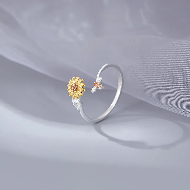S925 Silver Yellow Small Daisy Open Plain Ring