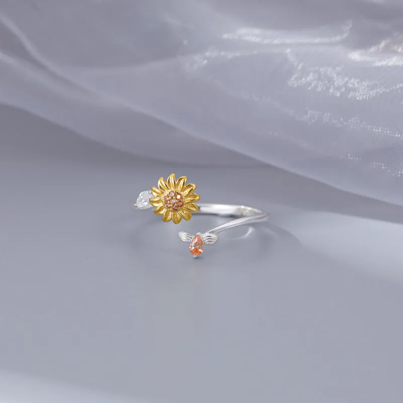 S925 Silver Yellow Small Daisy Open Plain Ring