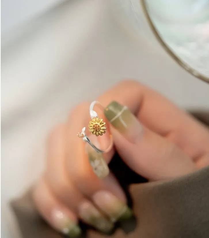 S925 Silver Yellow Small Daisy Open Plain Ring