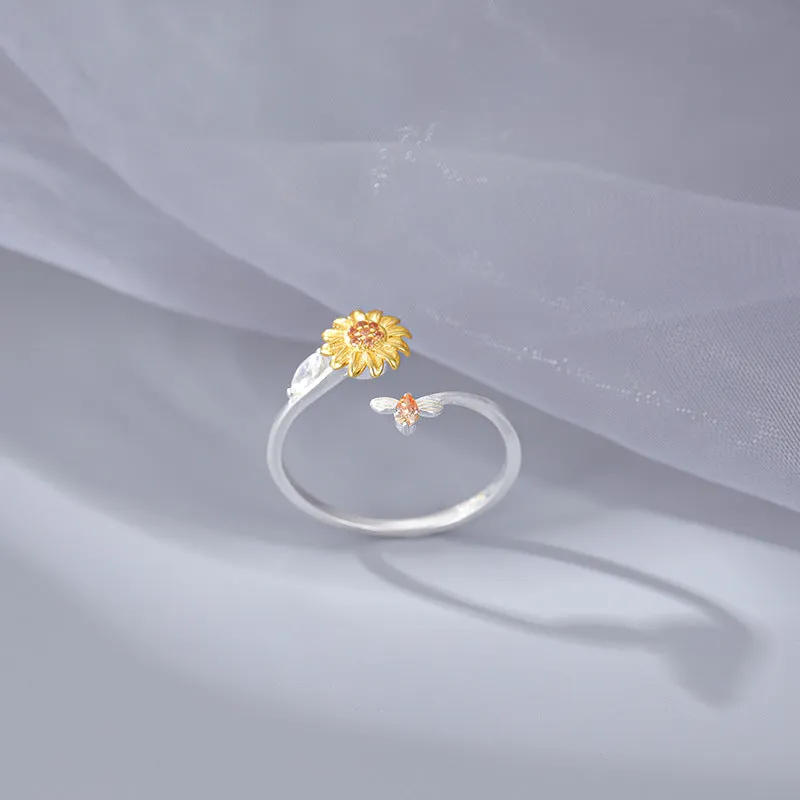 S925 Silver Yellow Small Daisy Open Plain Ring