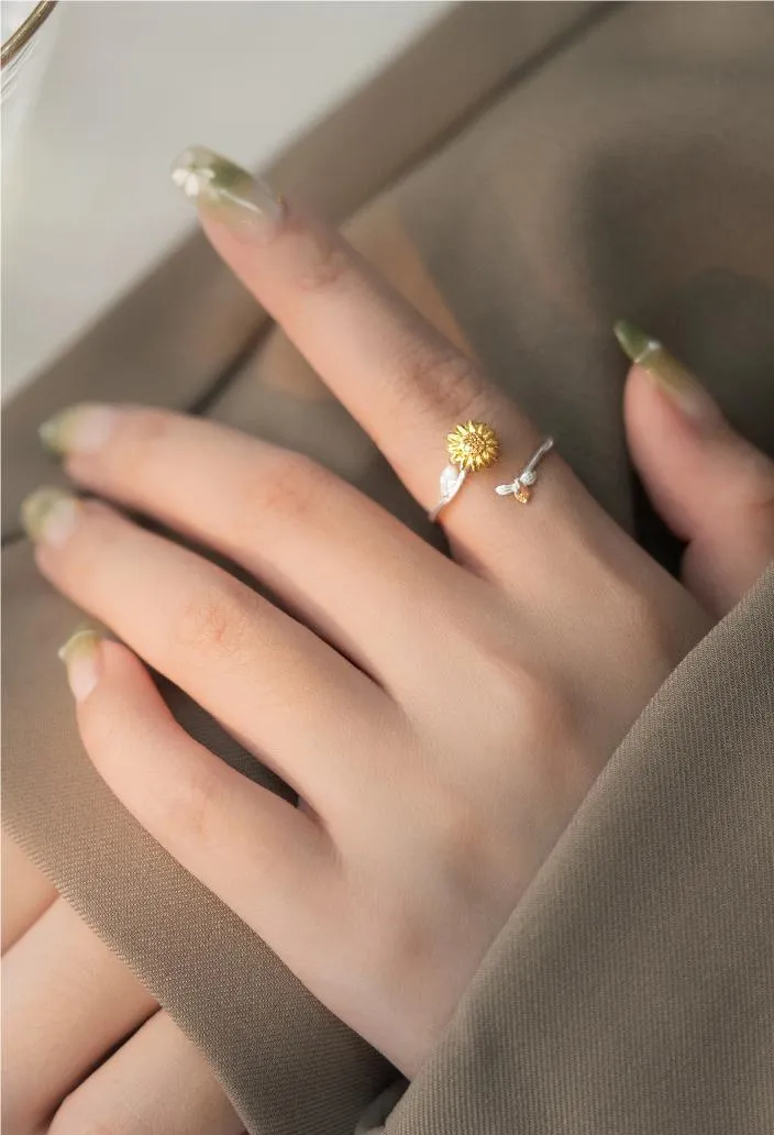 S925 Silver Yellow Small Daisy Open Plain Ring