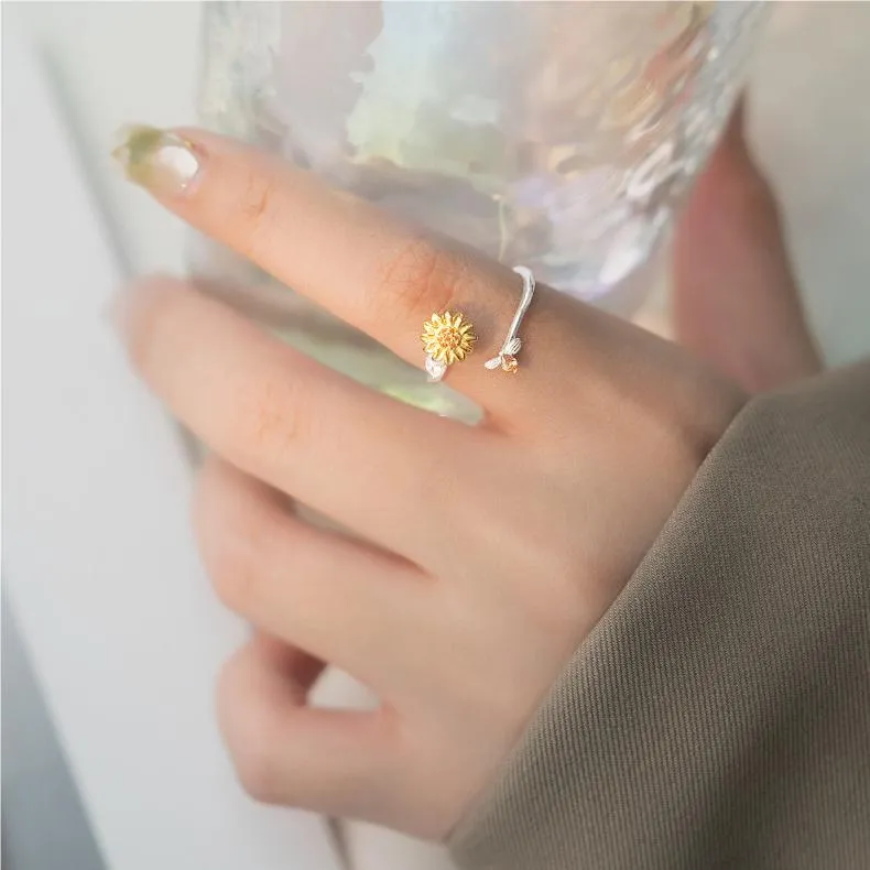 S925 Silver Yellow Small Daisy Open Plain Ring