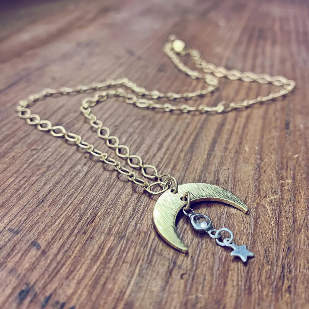 solar nebula // crescent moon, crystal & silver star drop necklace