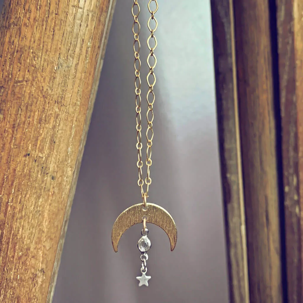 solar nebula // crescent moon, crystal & silver star drop necklace