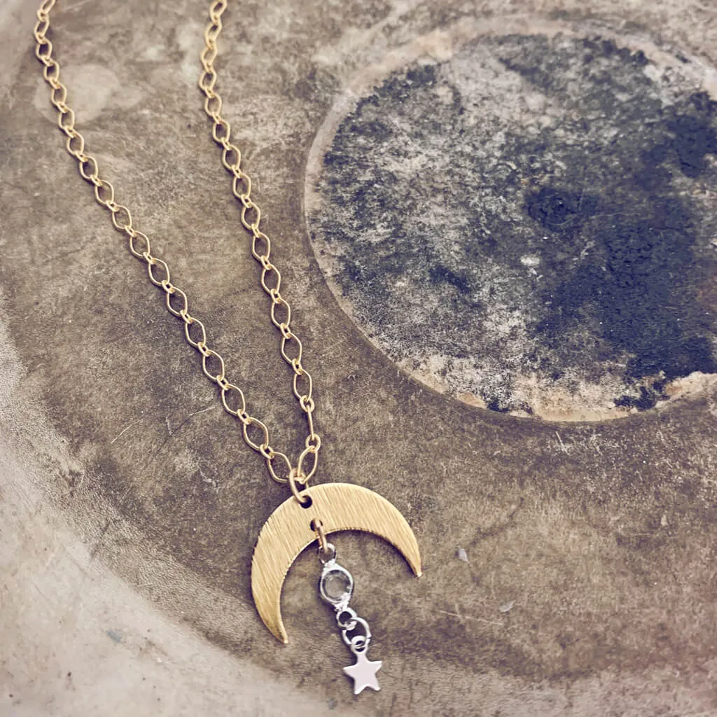 solar nebula // crescent moon, crystal & silver star drop necklace