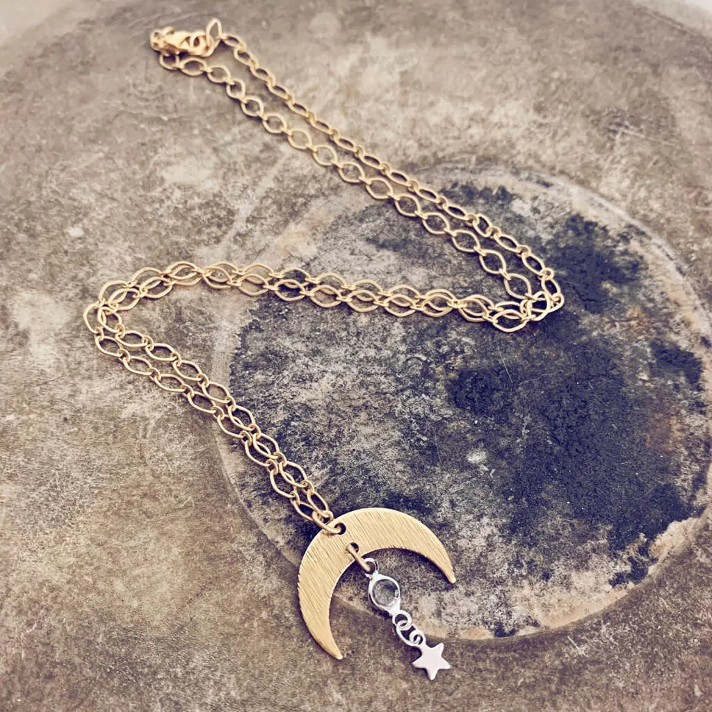 solar nebula // crescent moon, crystal & silver star drop necklace