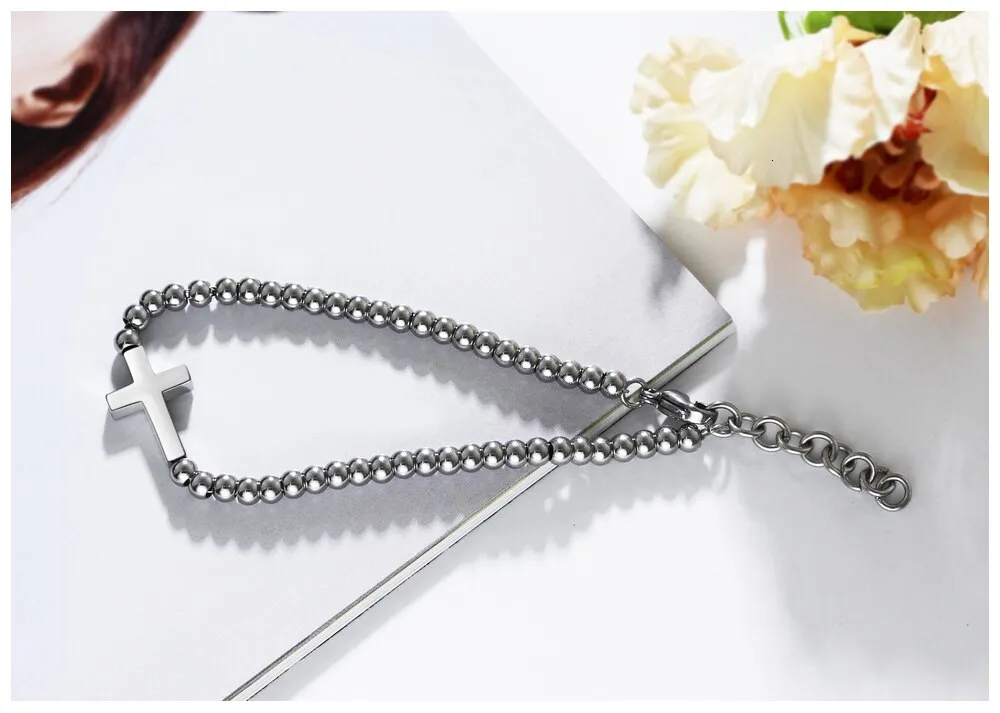 Stainless Steel Beaded Sideways Horizontal Cross Link Bracelet