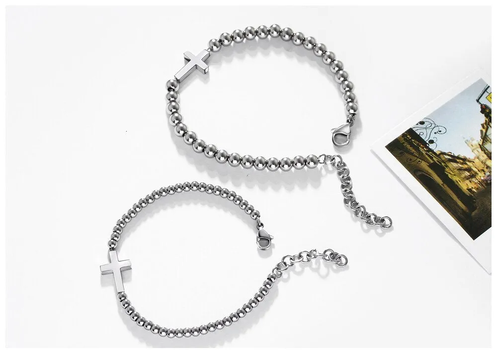 Stainless Steel Beaded Sideways Horizontal Cross Link Bracelet