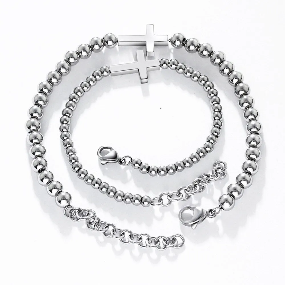 Stainless Steel Beaded Sideways Horizontal Cross Link Bracelet
