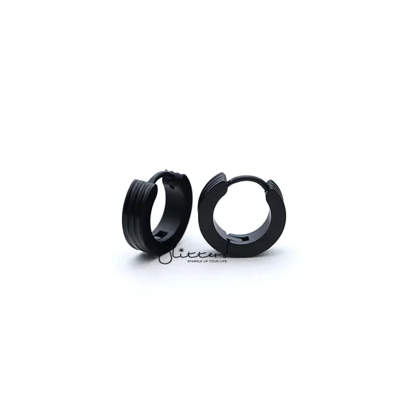 Stainless Steel Hinged Hoop Earrings with Grooves Carved Center - Black