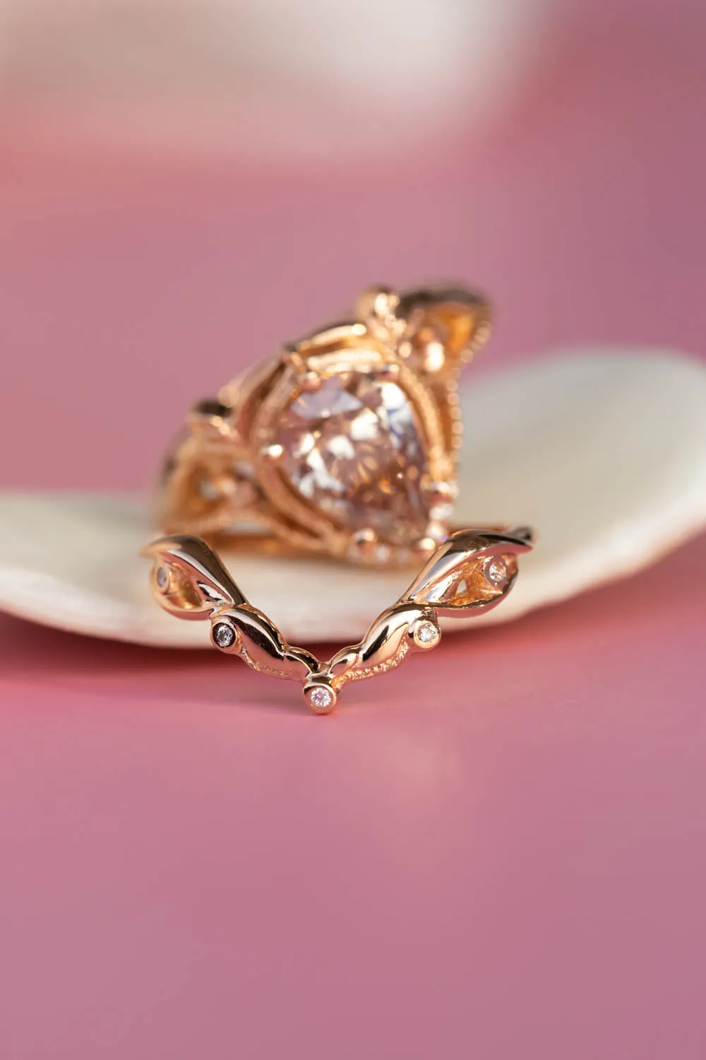V-shape wedding ring with diamonds / matching band for Lida big